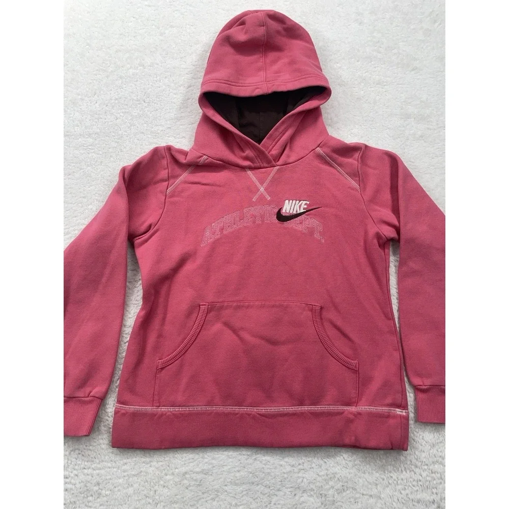 VTG Nike‎ Hoodie Womens Large Pink Embroidered Check Swoosh Pullover Y2K